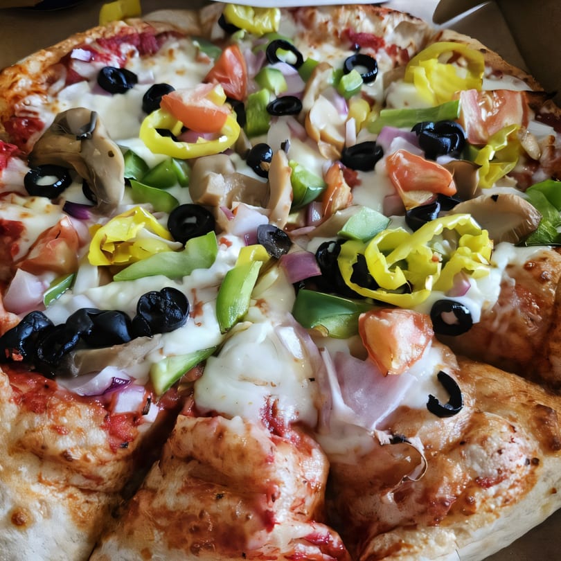 Big Daddy's Pizza & Wings' pizza with olives, peppers, mushrooms, onions, and tomatoes.